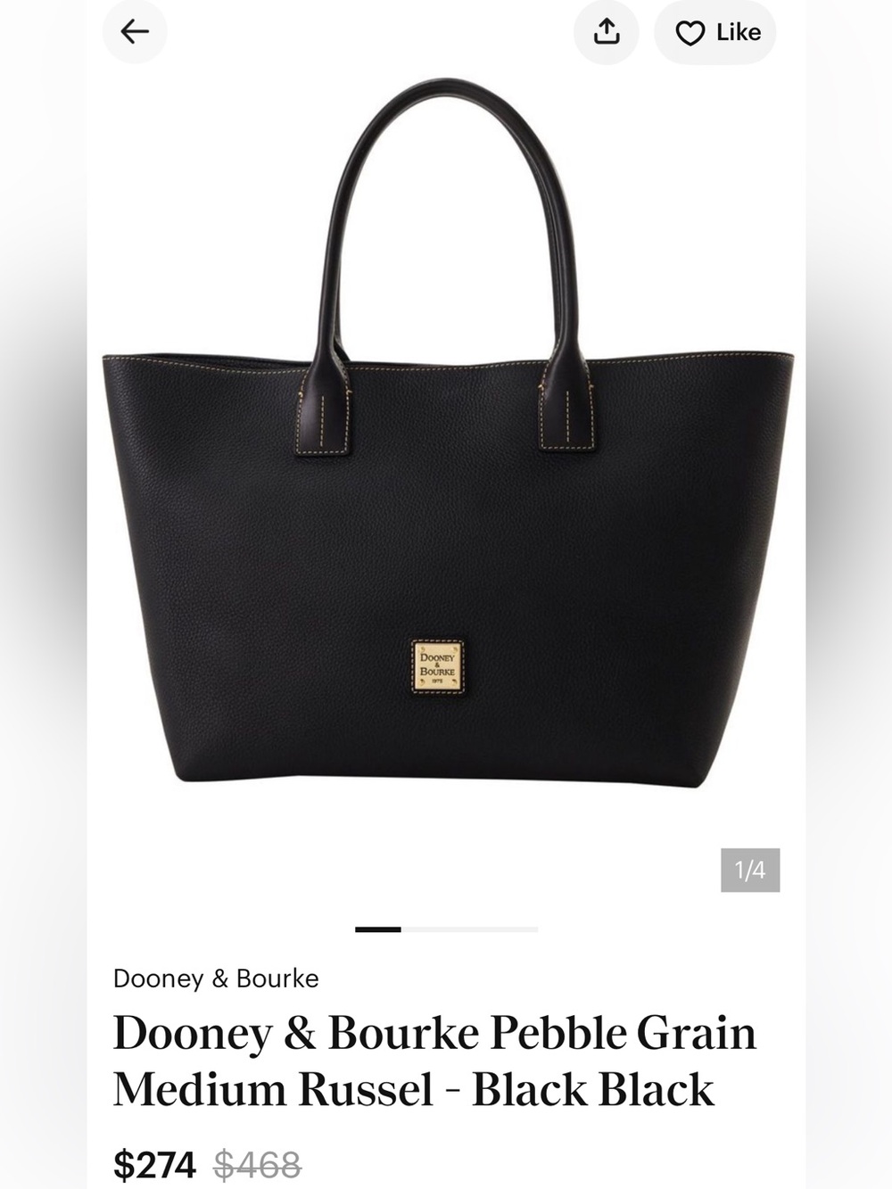 Dooney & Bourke Black Pebble Grain Tote with Gold Logo Plaque